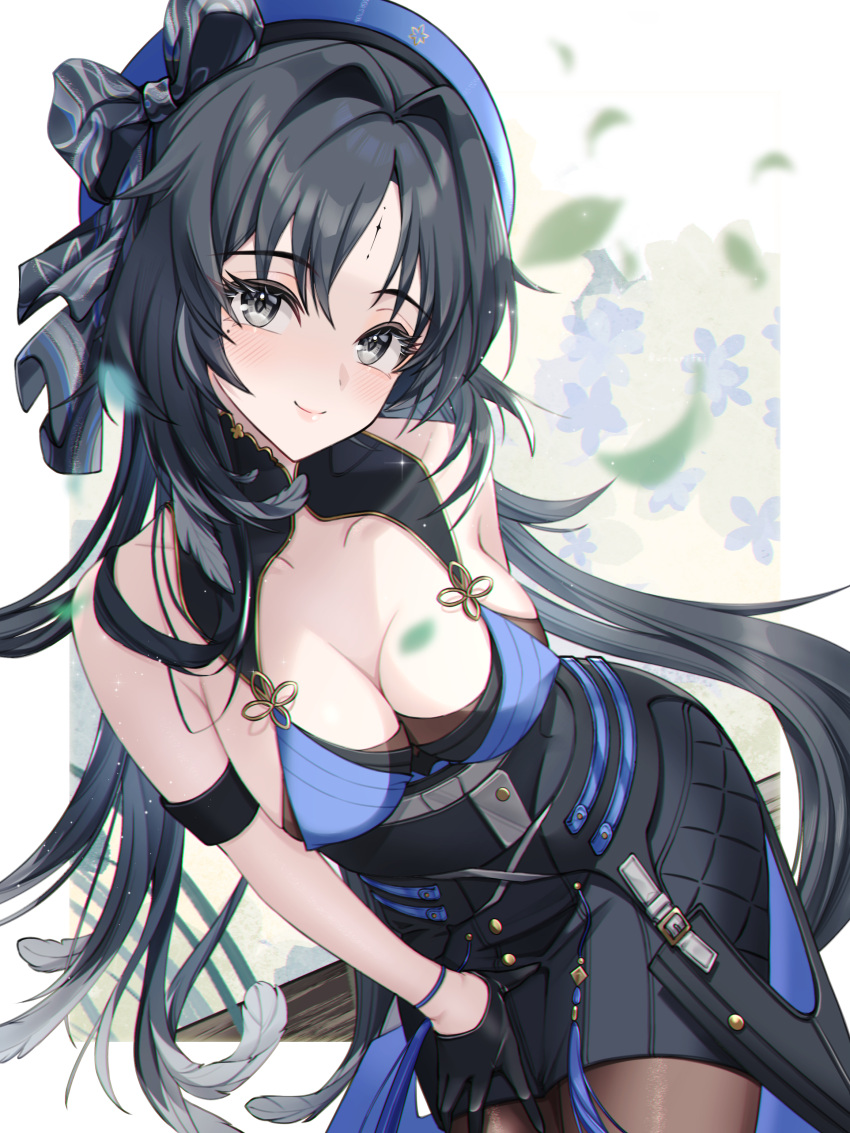 1girl absurdres arm_strap bare_shoulders black_gloves black_hair blue_hat bow breasts cleavage closed_mouth dress feather_hair gloves hat highres leaf long_hair looking_at_viewer medium_breasts multicolored_hair pantyhose single_glove smile solo tacet_mark_(wuthering_waves) uriuritei very_long_hair wuthering_waves yangyang_(wuthering_waves)
