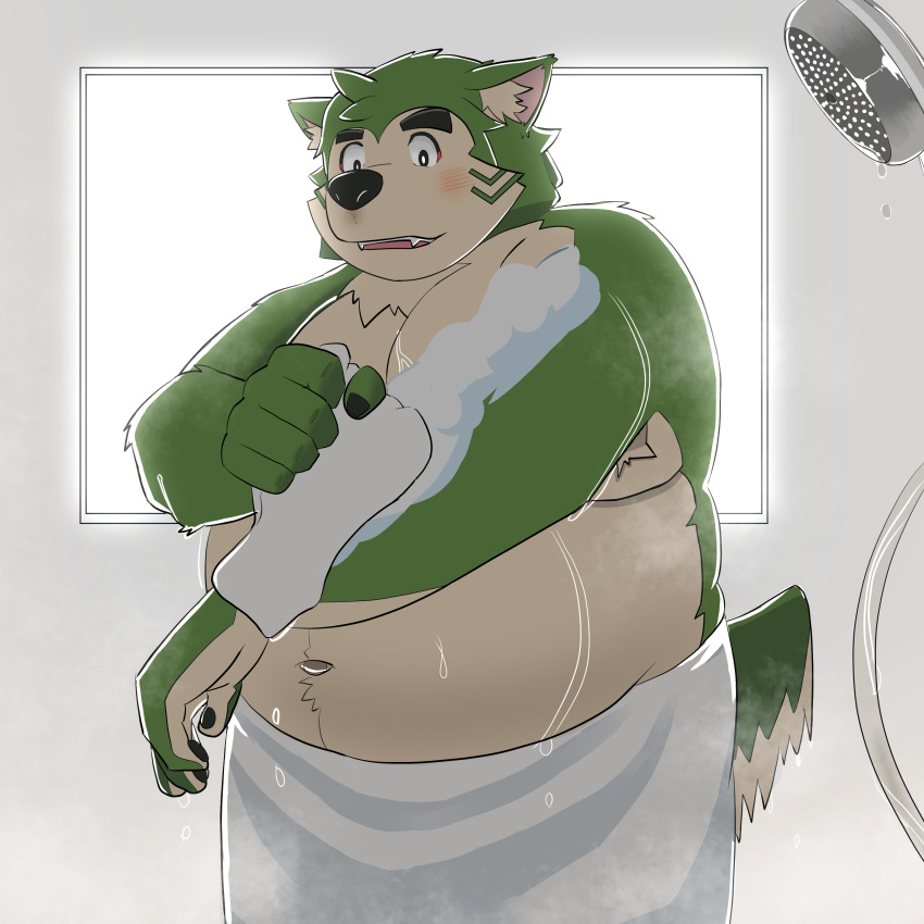 2024 absurd_res anthro bathing belly big_belly black_nose blush canid canine canis domestic_dog green_body hi_res kemono lifewonders live_a_hero male mammal mokdai moobs navel overweight overweight_male solo toto3_official towel