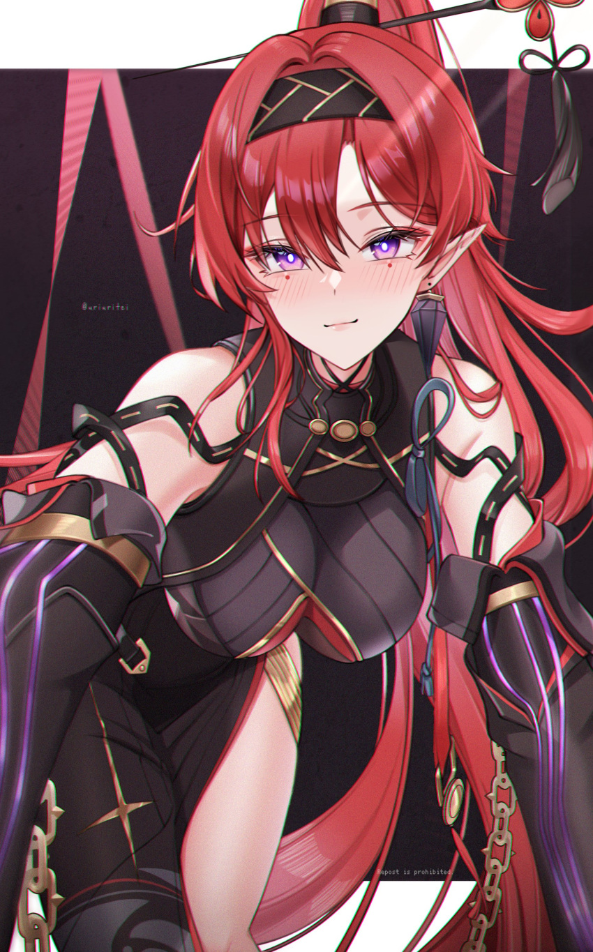 1girl absurdres bare_shoulders black_hairband blush breasts bright_pupils earrings gloves hair_between_eyes hair_ornament hairband highres jewelry long_hair looking_at_viewer medium_breasts mole mole_under_each_eye mole_under_eye multiple_moles pointy_ears purple_eyes red_hair solo thighs uriuritei very_long_hair white_pupils wuthering_waves yinlin_(wuthering_waves)