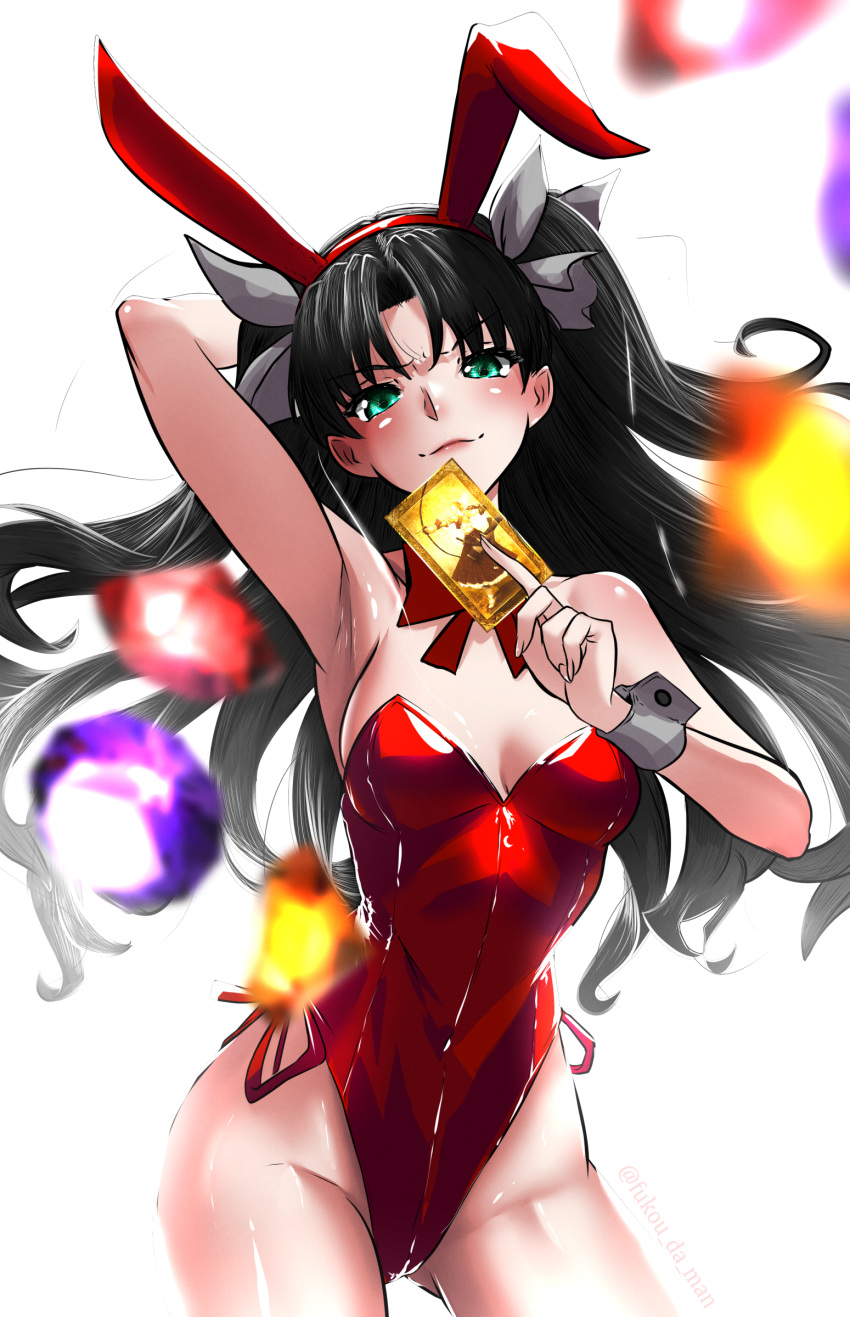 1girl absurdres animal_ears archer_class_(fate) arm_up armpits black_hair breasts card fate/stay_night fate_(series) feet_out_of_frame fukou green_eyes highres holding holding_card long_hair playboy_bunny rabbit_ears red_ribbon ribbon simple_background sleeveless small_breasts solo tohsaka_rin twintails white_background