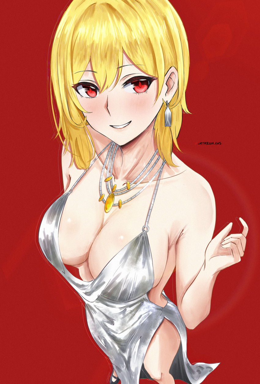 1girl absurdres azur_lane backless_dress backless_outfit blonde_hair blush breasts cleavage commentary cosplay cowl_neck dress earrings english_commentary foot_out_of_frame from_above hair_between_eyes hairband highres hololive hololive_indonesia jewelry kaela_kovalskia large_breasts looking_at_viewer medium_hair mymzi necklace parted_lips plunging_neckline red_background red_eyes red_hairband revealing_clothes side_slit silver_dress simple_background sleeveless sleeveless_dress smile solo st._louis_(azur_lane) st._louis_(azur_lane)_(cosplay) st._louis_(luxurious_wheels)_(azur_lane) standing twitter_username virtual_youtuber