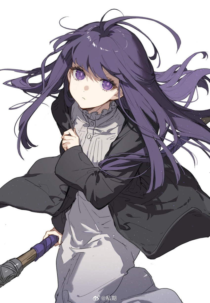 1girl black_jacket blunt_bangs chinese_commentary closed_mouth cowboy_shot dress eyelashes fern_(sousou_no_frieren) fingernails highres holding holding_staff jacket looking_at_viewer purple_eyes purple_hair sidelocks simple_background snowcake47 solo sousou_no_frieren staff white_background white_dress