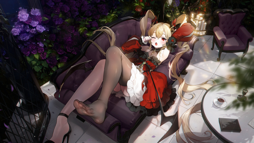 1girl absurdly_long_hair blonde_hair breasts detached_sleeves dress fang feet flower gijang high_heels highres indoors legs long_hair long_sleeves looking_at_viewer lying no_shoes on_back one_eye_closed original plant purple_flower purple_rose red_dress red_eyes rose shoes single_shoe small_breasts soles solo strappy_heels thighhighs tile_floor tiles toes twintails very_long_hair wings