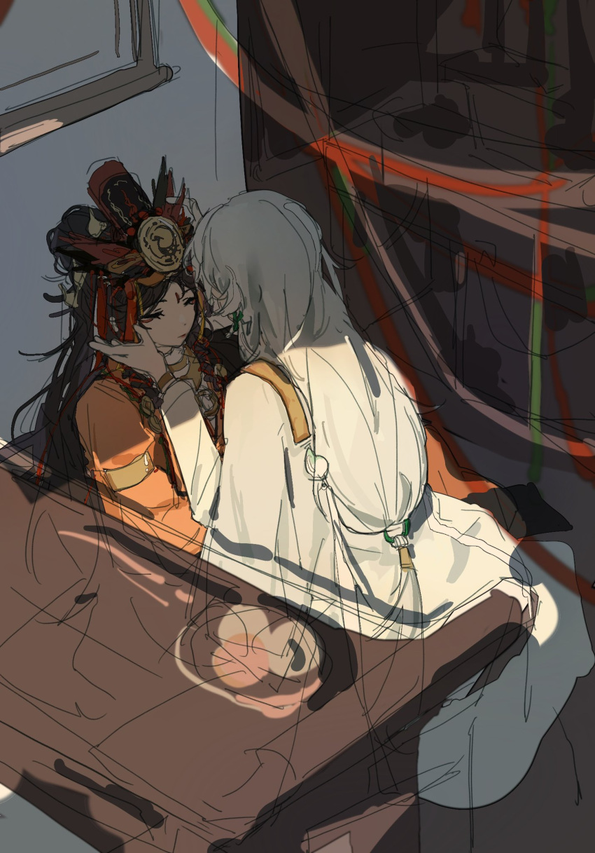 2girls brown_hair closed_eyes closed_mouth commentary du_ruo_(path_to_nowhere) earrings hand_on_another's_face highres indoors jewelry long_hair low-tied_long_hair multiple_girls orange_robe path_to_nowhere robe sleeping tooong4 white_hair white_robe yao_(path_to_nowhere) yuri