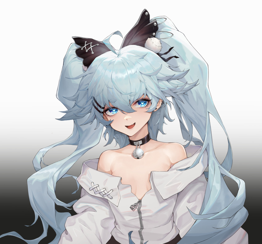 &gt;_&lt; 1girl :d absurdres ahoge bare_shoulders bell blue_eyes blue_hair breasts collar commentary_request dot_nose ear_piercing fang girls'_frontline girls'_frontline_neural_cloud gradient gradient_background hair_ornament hairclip heart heart-shaped_pupils highres long_sleeves looking_at_viewer neck_bell off_shoulder open_mouth pa-15_(girls'_frontline) piercing qingshu simple_background small_breasts smile solo symbol-shaped_pupils twintails upper_body white_sleeves wide_sleeves xd zipper_pull_tab