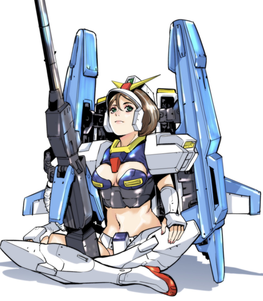 1girl boots breasts brown_hair cleavage cosplay elbow_gloves emma_sheen fingerless_gloves gloves green_eyes gun gundam highres indian_style knee_boots mecha_musume medium_breasts metal_boots metal_gloves sitting solo super_gundam super_gundam_(cosplay) tamakoshi_horiyuki weapon white_background white_gloves zeta_gundam