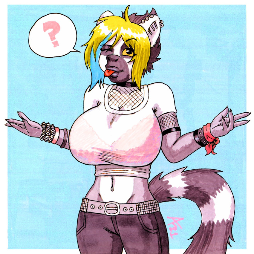 aaronhibiki anthro big_breasts big_tail blonde_hair blue_hair bottomwear bra breasts clothing denim denim_clothing ear_piercing female fishnet fur hair hi_res huge_breasts hyper hyper_breasts jeans lemur lingerie mammal markings multicolored_body multicolored_fur multicolored_hair navel navel_piercing one_eye_closed pants piercing primate punk small_waist solo strepsirrhine striped_markings striped_tail stripes studded_bracelet tail_markings tongue tongue_out translucent translucent_clothing underwear wink