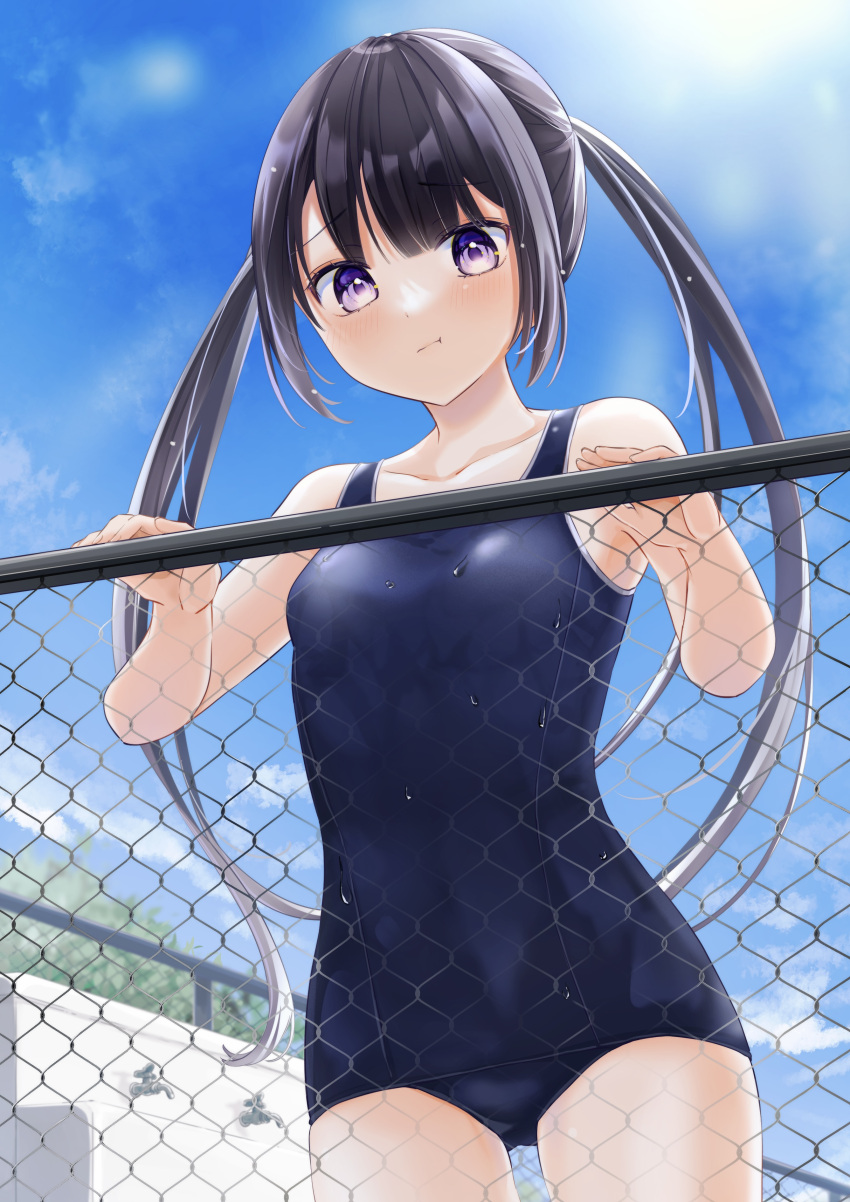 1girl absurdres black_hair blue_sky blue_swimsuit breasts buntason_(buritarooooo) chain-link_fence cloud collarbone commentary_request cowboy_shot day fence highres long_hair looking_at_viewer old_school_swimsuit original outdoors purple_eyes school_swimsuit school_uniform sky small_breasts solo swimsuit twintails