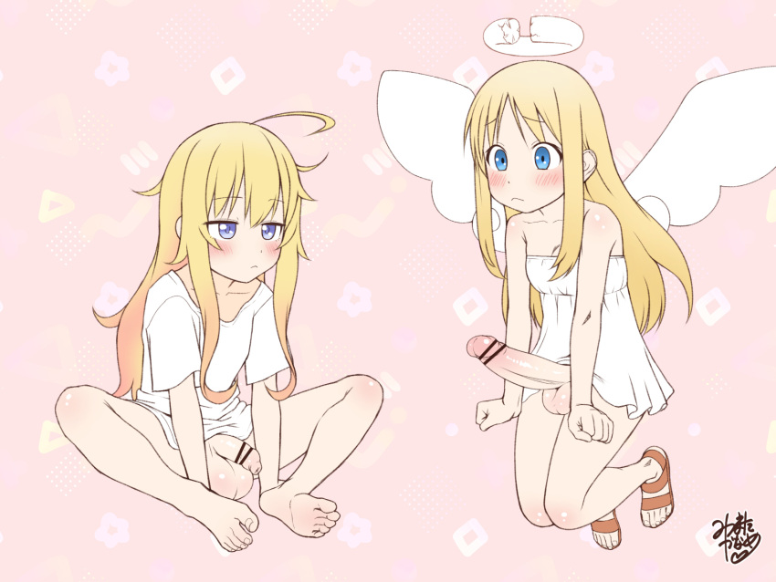 1girl 1other ahoge angel angel_wings bar_censor bare_arms barefoot blonde_hair blue_eyes blush broken_halo censored closed_mouth collarbone crimvael crossover daisy_mitsumata dress erection feet flaccid foreskin futanari gabriel_dropout gabriel_tenma_white halo highres ishuzoku_reviewers large_penis large_testicles long_hair multiple_girls penis sandals shirt short_sleeves sitting testicles white_dress white_shirt wings