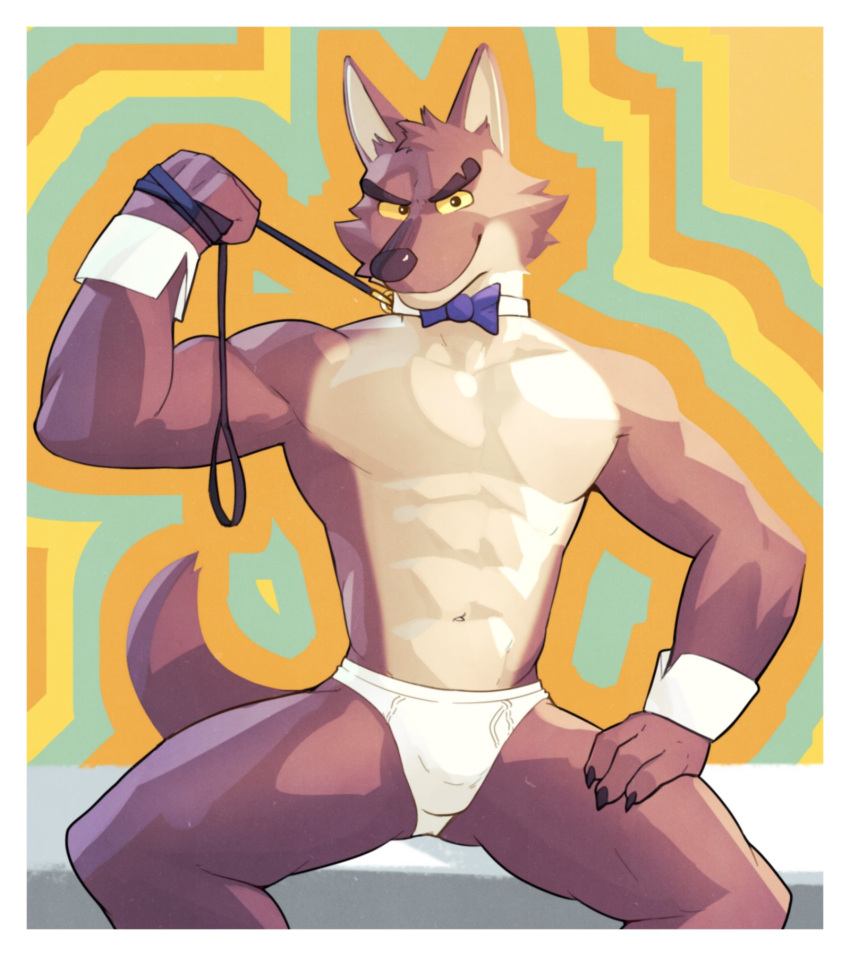 anthro bow_tie brown_body brown_fur bulge canid canine canis clothed clothing collar dreamworks fur hi_res jrjresq leash leash_pull leashed_male looking_at_viewer male mammal mr._wolf_(the_bad_guys) multicolored_body multicolored_fur muscular muscular_anthro muscular_male simple_background smile solo tan_body tan_fur the_bad_guys two_tone_body two_tone_fur underwear wolf