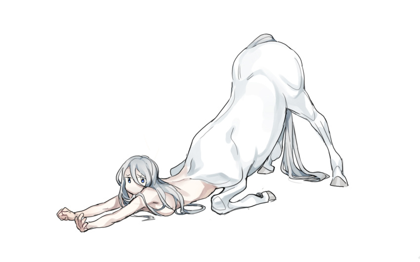1girl blue_eyes centaur completely_nude full_body grey_hair hair_between_eyes highres hooves hu_you long_hair looking_at_viewer monster_girl no_mouth no_sclera nude original outstretched_arms solo taur top-down_bottom-up white_background white_fur