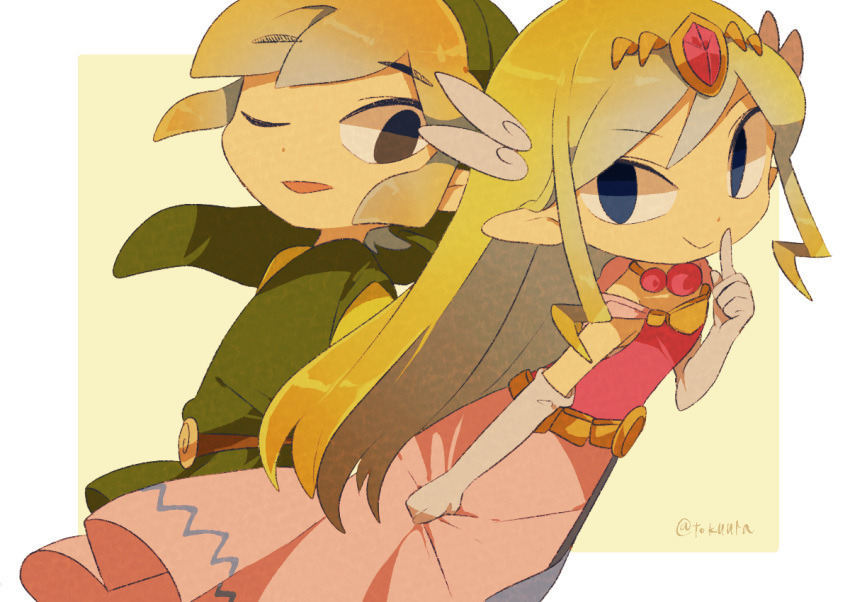 1boy 1girl artist_name back belt blonde_hair blue_eyes blush dress floating_hair gloves jewelry link long_hair looking_at_viewer multicolored_hair necklace pink_dress pointy_ears princess_zelda the_legend_of_zelda the_legend_of_zelda:_spirit_tracks the_legend_of_zelda:_the_wind_waker tiara tokuura