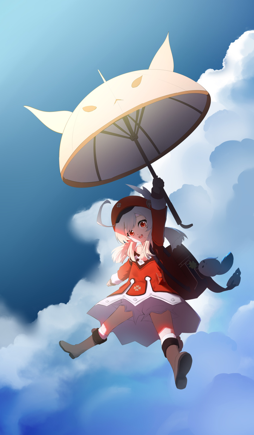 1girl :d absurdres ahoge arm_up bangs bloomers blue_sky blurry boots brown_footwear brown_gloves brown_scarf cabbie_hat cloud cloudy_sky clover_print coat commentary_request depth_of_field falling full_body genshin_impact gloves hair_between_eyes hat hat_feather hat_ornament highres holding holding_umbrella jumpy_dumpty klee_(genshin_impact) knee_boots kneehighs light_brown_hair long_hair long_sleeves looking_at_viewer low_twintails outstretched_arms pocket pointy_ears qixia red_coat red_eyes red_headwear scarf sidelocks sky smile socks solo spread_arms spread_legs twintails umbrella underwear