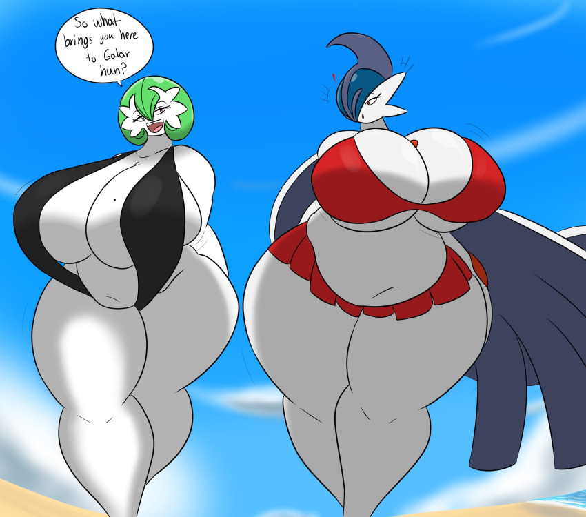 bikini blue_hair clothing crossgender duo english_text female gardevoir green_hair hair half-closed_eyes hi_res holly_(igph) huge_thighs humanoid igphhangout markings mega_evolution mega_gallade mole_(marking) mtf_crossgender narrowed_eyes nintendo oceania_(igph) open_mouth orange_eyes pok&eacute;mon pok&eacute;mon_(species) question_mark shiny_pok&eacute;mon slightly_chubby sling_bikini speech_bubble swimwear text thick_thighs video_games white_body wide_hips