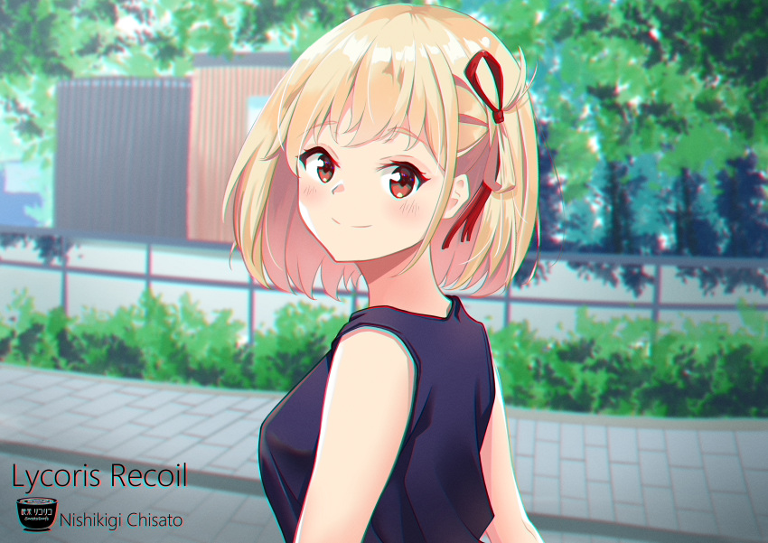 1girl absurdres azucat blonde_hair blush breasts character_name closed_mouth copyright_name eyebrows_hidden_by_hair hair_ornament hair_ribbon highres looking_at_viewer looking_back lycoris_recoil nishikigi_chisato outdoors red_eyes ribbon shiny shiny_hair short_hair sleeveless small_breasts smile solo upper_body