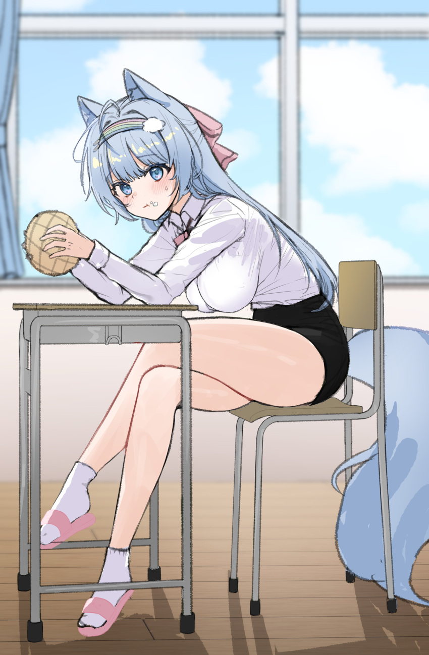 1girl absurdres ahoge animal_ears bare_legs black_skirt blue_eyes blue_hair bread breasts chair collared_shirt cream cream_on_face crossed_legs desk food food_on_face fox_ears fox_girl fox_tail hairband high-waist_skirt highres holding large_breasts lethe_(lethe187) long_hair long_sleeves looking_at_viewer melon_bread miniskirt original school_chair school_desk shirt shirt_tucked_in sitting skirt slippers socks solo tail tail_through_clothes taut_clothes taut_shirt thighs white_shirt white_socks