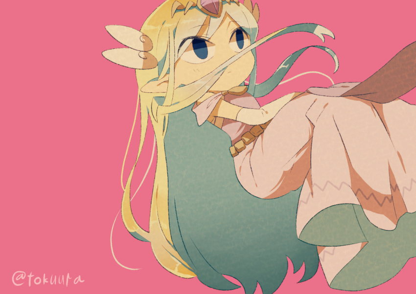 1girl artist_name back belt blonde_hair blue_eyes blush dress floating_hair gloves jewelry long_hair looking_at_viewer multicolored_hair necklace pink_dress pointy_ears princess_zelda solo the_legend_of_zelda the_legend_of_zelda:_spirit_tracks the_legend_of_zelda:_the_wind_waker tiara tokuura