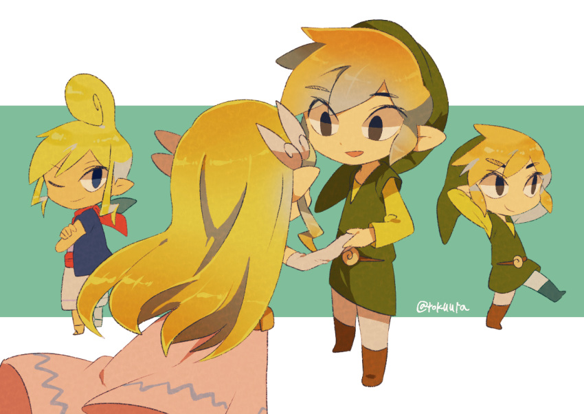 2girls artist_name back belt blonde_hair blue_eyes blush dress floating_hair gloves green_headwear jewelry link long_hair looking_at_viewer multicolored_hair multiple_girls necklace pink_dress pointy_ears princess_zelda tetra the_legend_of_zelda the_legend_of_zelda:_the_wind_waker tiara tokuura