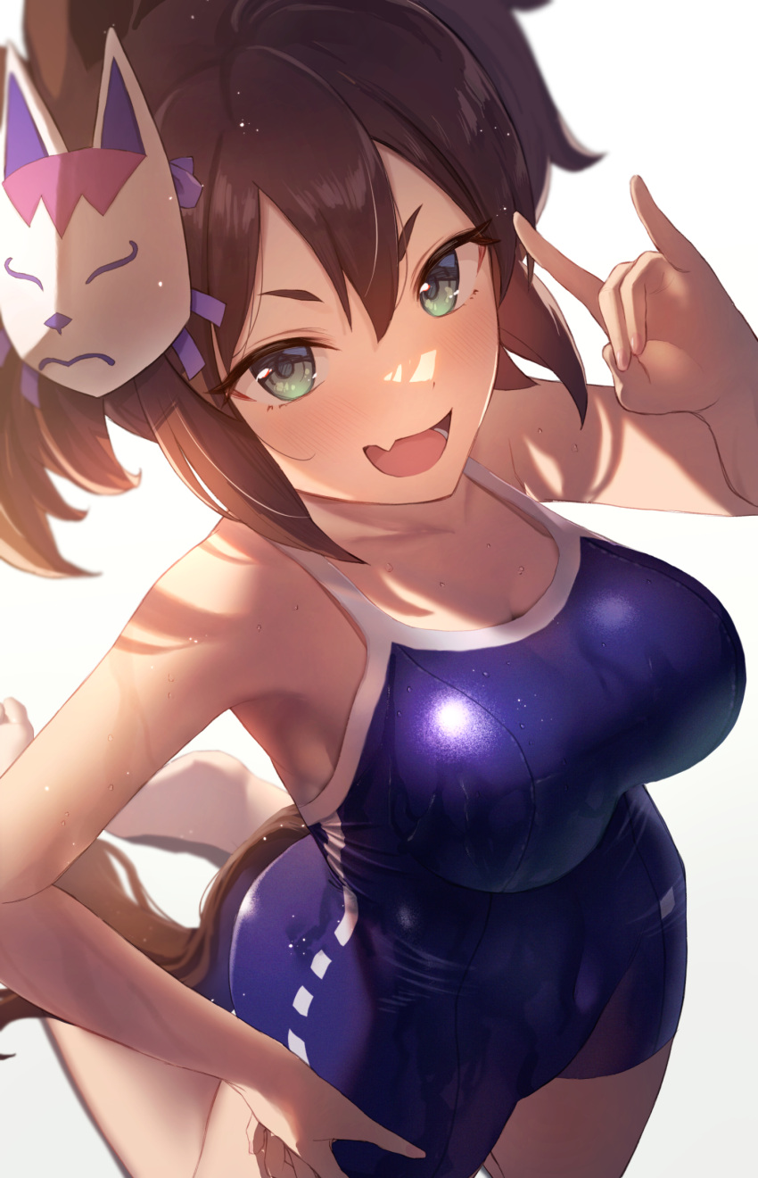 1girl :d blue_swimsuit blush breasts brown_hair fang fox_mask fox_shadow_puppet gradient gradient_background green_eyes grey_background hand_on_hip highres horse_girl inari_one_(umamusume) kneeling large_breasts mask mask_on_head one-piece_swimsuit open_mouth ray_mil68 school_swimsuit short_hair skin_fang smile solo swimsuit umamusume white_background