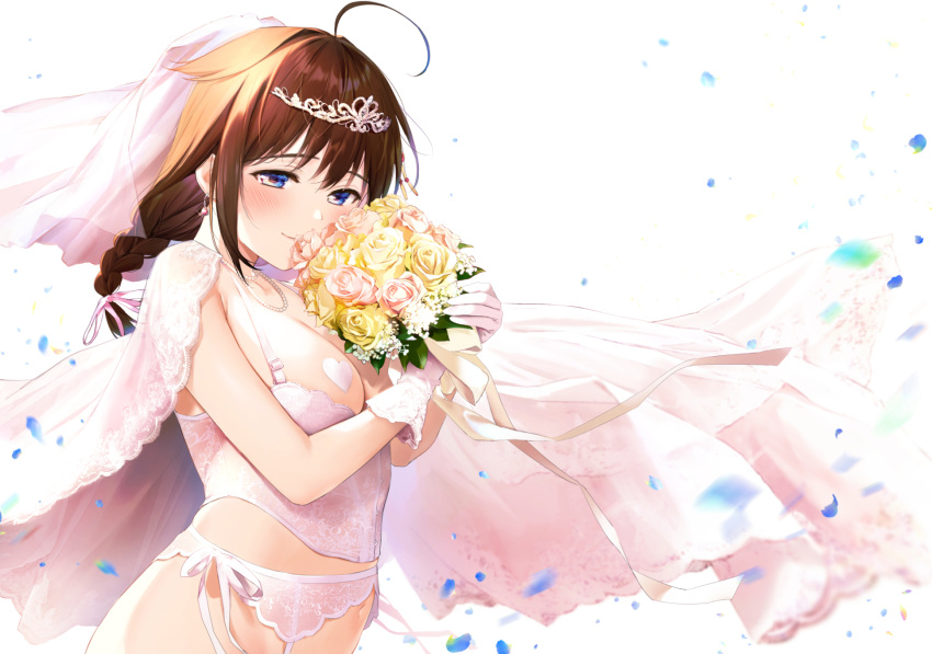 1girl ahoge alternate_costume blue_eyes bouquet braid breasts brown_hair capelet earrings flower garter_belt gloves hair_flaps hair_ornament heart_pasties highres holding holding_bouquet jewelry kantai_collection medium_breasts navel pasties pink_flower pink_rose rose shigure_(kancolle) shigure_kai_ni_(kancolle) single_braid solo tiara umakuchi_shouyu underbust white_capelet white_gloves white_veil yellow_flower yellow_rose