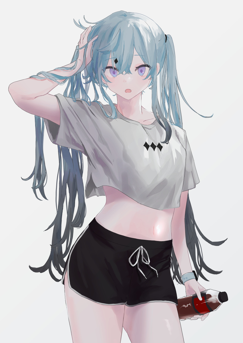 1girl absurdres bangs black_shorts blue_eyes blue_hair bottle breasts cola cowboy_shot crop_top hand_in_own_hair hand_on_own_head highres holding holding_bottle kohaku_sogo long_hair looking_at_viewer medium_breasts midriff original plastic_bottle shirt shorts sidelocks simple_background solo t-shirt twintails very_long_hair white_background white_shirt white_wristband