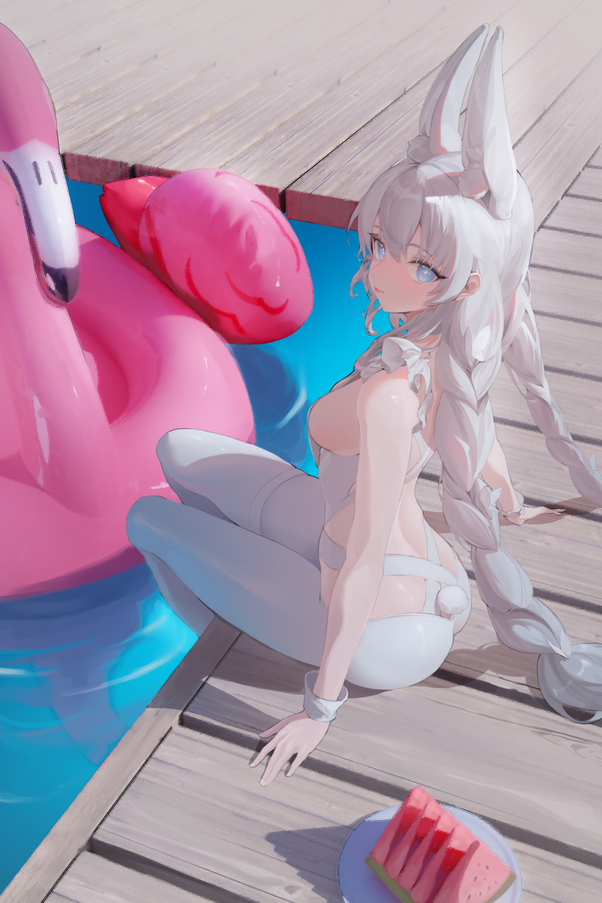 1girl :p absurdres animal_ear_fluff animal_ears arm_support ass azur_lane bangs bare_arms bare_back blue_eyes braid breasts commentary day dingding_(chongsangjun) duck_innertube english_commentary food frills fruit highres le_malin_(azur_lane) le_malin_(listless_lapin)_(azur_lane) leotard light_blush long_hair looking_at_viewer low_twin_braids medium_breasts official_alternate_costume outdoors pantyhose plate pool rabbit_ears rabbit_tail sideboob sidelocks sitting soaking_feet solo tail thigh_strap tongue tongue_out twin_braids water watermelon watermelon_slice white_hair white_leotard white_pantyhose wooden_floor wrist_cuffs