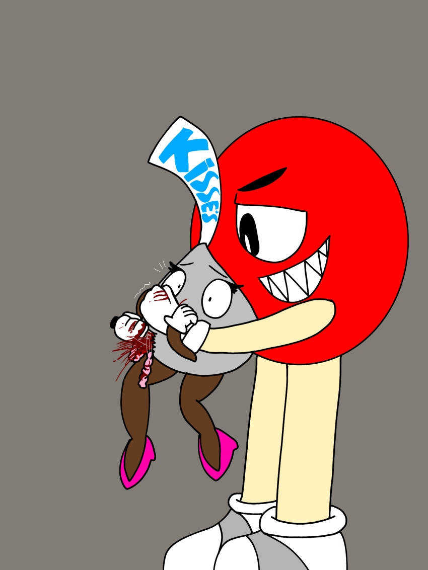 anthro blood blood_on_knife bodily_fluids candy chocolate clothing cutting dessert duo food footwear gloves gore guts handwear hershey's hershey's_kisses hi_res high_heels humanoid inanimate_object interspecies intestines knife mars_incorporated mascot miss_kiss murderer organs pink_heels red_m&amp;m sharp_teeth shoes struggling taradoggo teeth trying_to_leave weapon white_clothing white_footwear white_shoes young