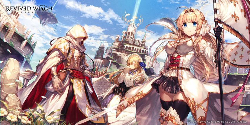 1boy 2girls ahoge bangs black_skirt blonde_hair blue_eyes breasts catherine_(revived_witch) commentary commission dark-skinned_male dark_skin datheios_(revived_witch) feathered_wings flag highres hood hood_up large_breasts long_hair multiple_girls nakanishi_tatsuya official_art own_hands_clasped own_hands_together revived_witch sher_(revived_witch) skirt sky solo topless_male white_wings wings zettai_ryouiki