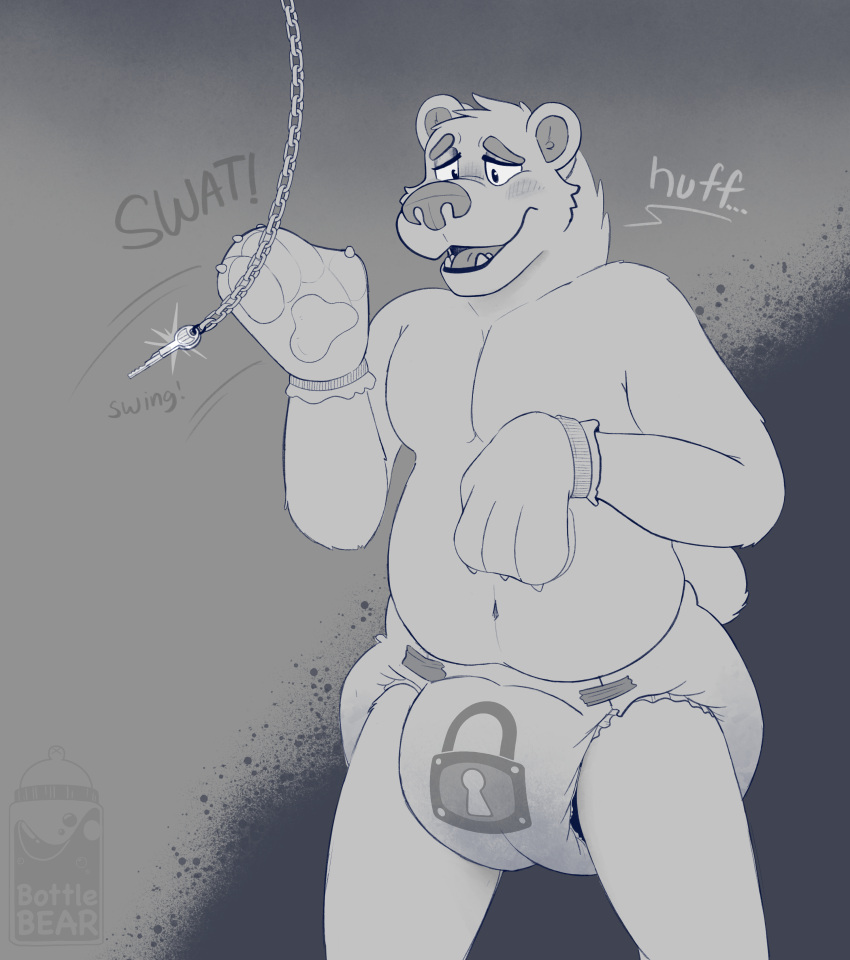 2022 absurd_res anthro biped blush bottlebear breath chain clothed clothing diaper digital_drawing_(artwork) digital_media_(artwork) english_text fur gradient_background handwear hi_res humiliation key lock_symbol male mammal manor_(bottlebear) mittens open_mouth padlock_symbol panting simple_background smile solo sound_effects teeth text topless ursid used_diaper