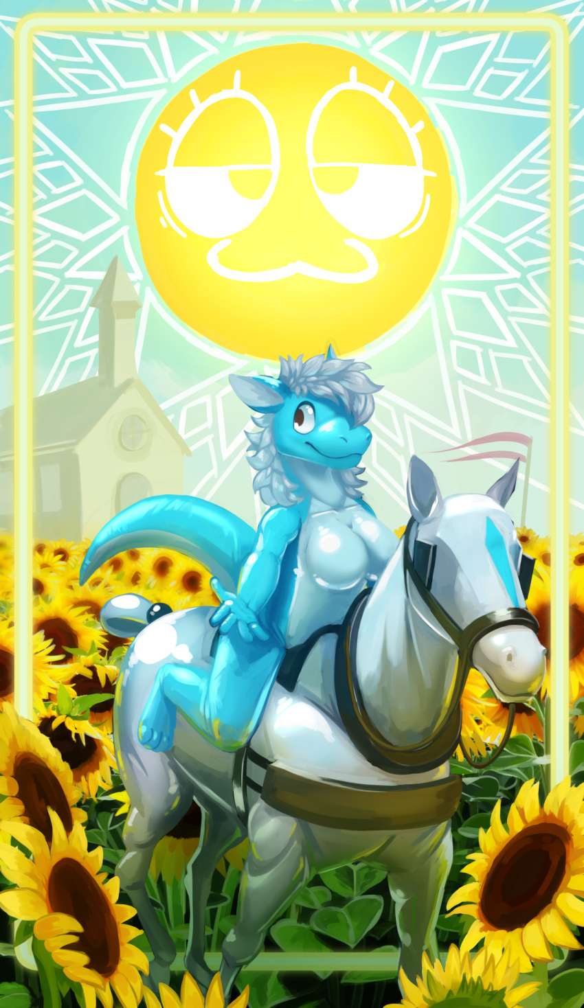 2022 animate_inanimate anthro biped breasts bridle card detailed_background digital_drawing_(artwork) digital_media_(artwork) dragon elemental_creature elemental_dragon equid equine female flower glistening hi_res horse ice_dragon inflatable kirby5329 living_inflatable major_arcana mammal nippleless nude outside plant scalie sexotheque smile sun sunflower tarot_card the_sun_(tarot)