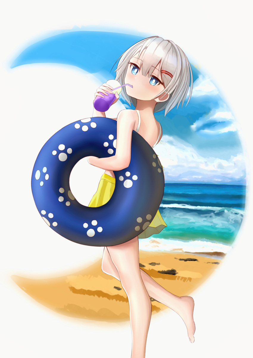 absurdres bare_legs bare_shoulders beach blue_eyes blue_innertube bright_pupils cloud cloudy_sky commentary_request crescent cup drink drinking drinking_straw expressionless grey_hair hair_between_eyes hair_ornament hairclip highres holding holding_cup holding_innertube innertube laitochris leg_up looking_at_viewer looking_to_the_side paw_print rurine_luna sand short_hair skirt sky spanish_commentary swimsuit wactor_production walking white_pupils yellow_skirt