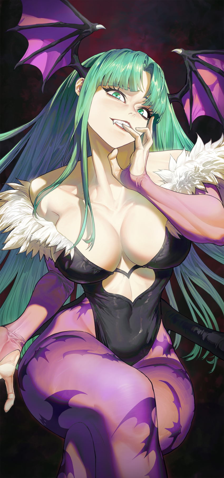 1girl absurdres animal_print bat_print breasts clothing_cutout commentary_request covered_navel demon_girl demon_wings fang ghdwid green_eyes green_hair head_tilt head_wings heart_cutout highleg highleg_leotard highres leotard long_hair looking_at_viewer morrigan_aensland pantyhose print_legwear purple_pantyhose skin_tight solo vampire_(game) wings