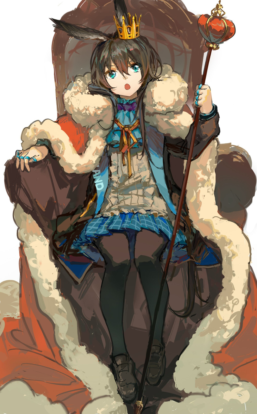 1girl :o absurdres amiya_(arknights) animal_ears aqua_eyes arknights ascot black_coat black_footwear black_pants blue_ascot blue_skirt brown_hair cape coat crown full_body fur-trimmed_cape fur_trim grey_shirt highres holding holding_scepter jewelry long_hair looking_at_viewer miniskirt multiple_rings open_clothes open_coat open_mouth orange_ribbon pants pantyhose pleated_skirt rabbit_ears red_cape ribbon ring scepter shirt simple_background sitting skirt solo white_background xiangchijinkeladexing