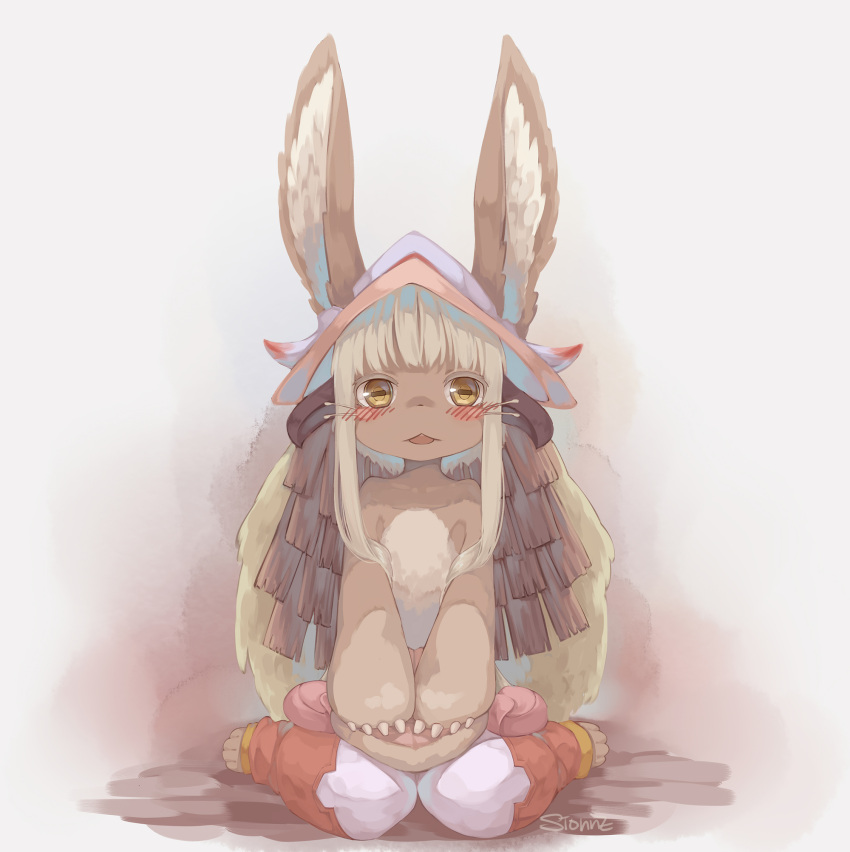 1other :3 androgynous animal_ears artist_name bangs barefoot blonde_hair blunt_bangs blush chinese_commentary claws commentary_request fake_horns full_body furry hands_on_own_thighs helmet highres horizontal_pupils horned_helmet horns looking_at_viewer made_in_abyss nanachi_(made_in_abyss) open_mouth pants pelt pouch rabbit_ears sidelocks signature sionnn sitting solo straight-on topless wariza whiskers white_background yellow_eyes