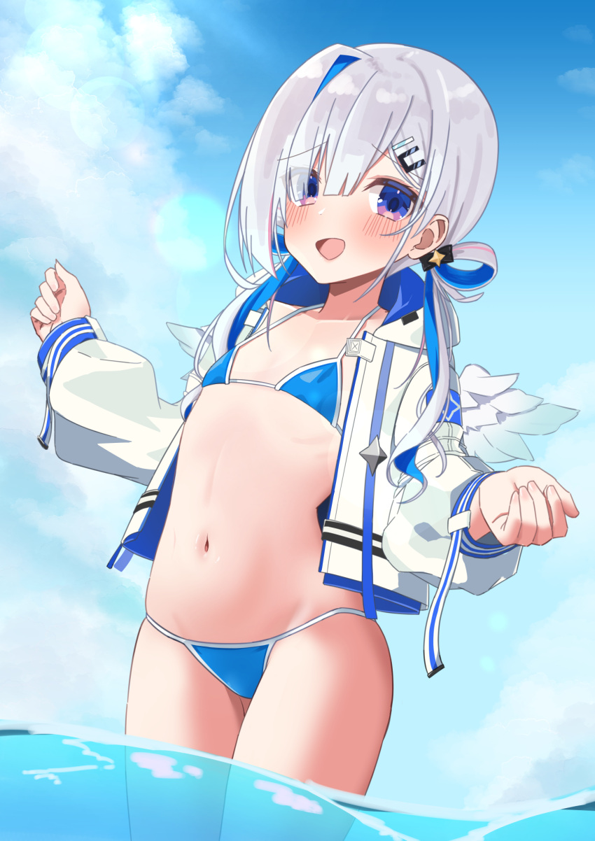 1girl alternate_costume amane_kanata asymmetrical_bangs bangs bikini blue_bikini blue_eyes blue_hair blue_sky blush cloud cloudy_sky collarbone commentary_request dutch_angle embarrassed flat_chest grey_hair hair_ornament hair_over_one_eye hairclip hands_up highres hololive jacket jacket_over_swimsuit long_hair looking_at_viewer micro_bikini multicolored_hair navel shadow shimaketa shiny shiny_skin sidelocks sky solo standing stomach streaked_hair swimsuit thighs virtual_youtuber wading white_jacket