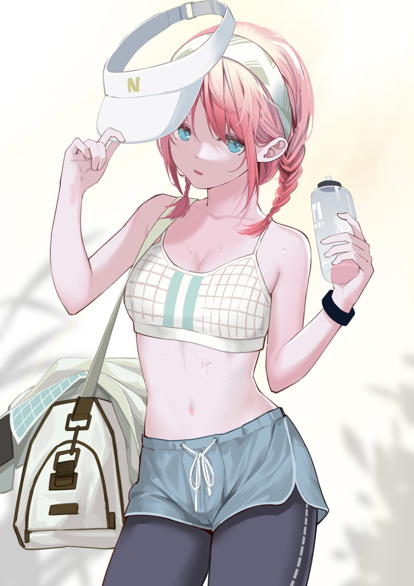 1girl absurdres aqua_eyes arknights bag bare_shoulders black_leggings blue_poison_(arknights) blue_poison_(shoal_beat)_(arknights) blue_shorts blurry blurry_background bottle breasts cigarette_p cleavage collarbone cowboy_shot depth_of_field duffel_bag grey_hairband hairband headwear_removed highres holding holding_bottle jacket jacket_removed leggings long_hair looking_at_viewer medium_breasts navel official_alternate_costume parted_lips pink_hair short_hair shorts solo stomach twitter_username visor_cap white_headwear white_jacket wristband