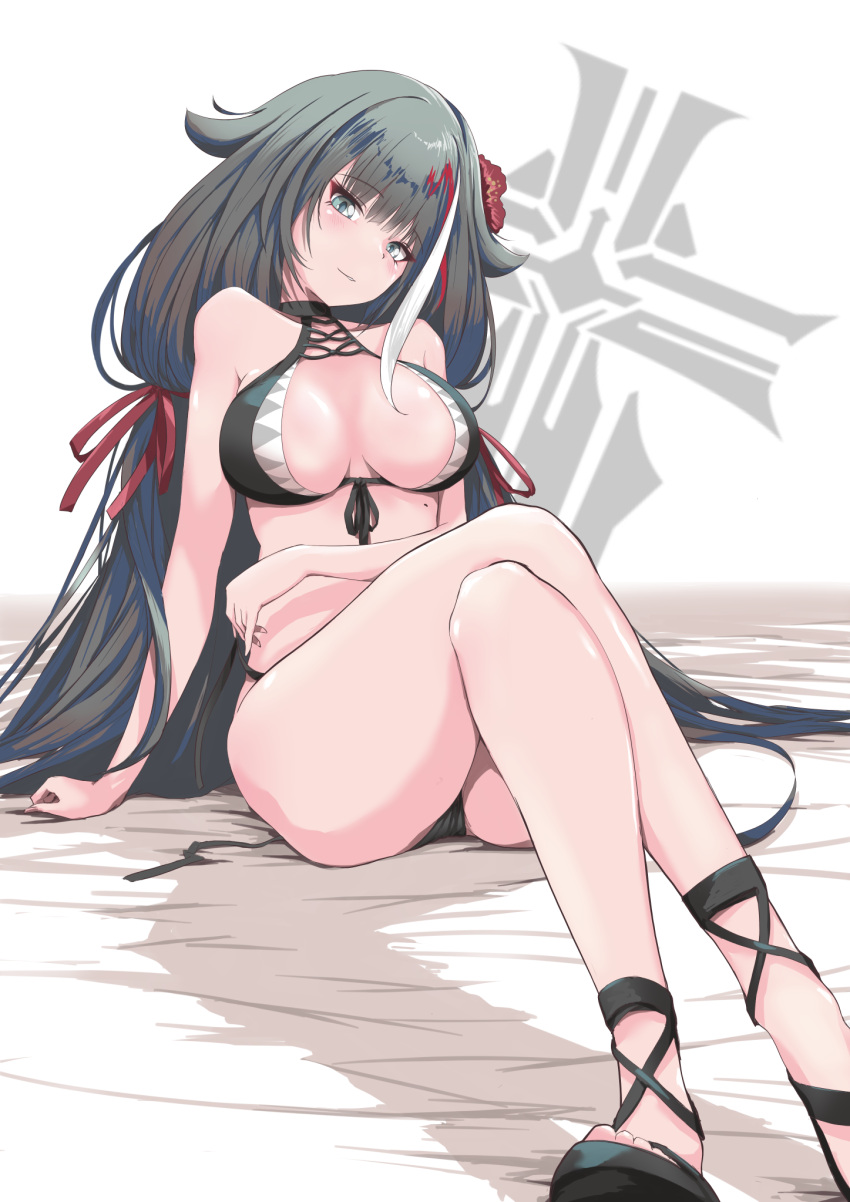 1girl azur_lane bikini black_bikini black_footwear black_hair blue_eyes breasts cleavage deutschland_(azur_lane) deutschland_(service_time?!)_(azur_lane) flower foot_out_of_frame front-tie_bikini front-tie_top hair_flower hair_ornament hair_ribbon highres iron_blood_(emblem) long_hair looking_at_viewer multicolored_hair official_alternate_costume p.i.t.d red_flower red_ribbon ribbon side-tie_bikini simple_background small_breasts solo streaked_hair swimsuit untied untied_bikini very_long_hair white_background white_hair