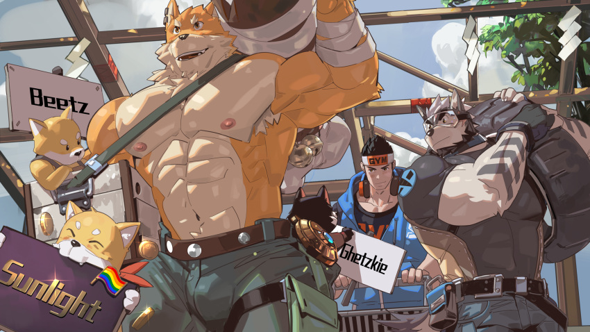 abs animal armpits bag bandaged_arm bandages bara beard beenic bell biceps black_fur black_hair blush bone box bulge cannye_(gyee) chang_(gyee) cloud cloudy_sky coin day ear_piercing earrings facial_hair feet_out_of_frame fingerless_gloves flag gloves goggles gold grey_fur gyee headband headphones highres hood hooded_jacket hoodie jacket jewelry large_pectorals leather leather_belt lee_(gyee) legband looking_to_the_side male_focus manly mature_male multicolored_fur multiple_boys muscular muscular_male nipples open_mouth orange_fur outdoors pants pectorals piercing rainbow_flag shirt shopping shopping_cart short_hair sign sky smile smirk spiked_hair t-shirt tangbingla teeth text_focus thick_arms thick_eyebrows tight tongue topless_male undersized_animal wheel white_fur wood yellow_eyes