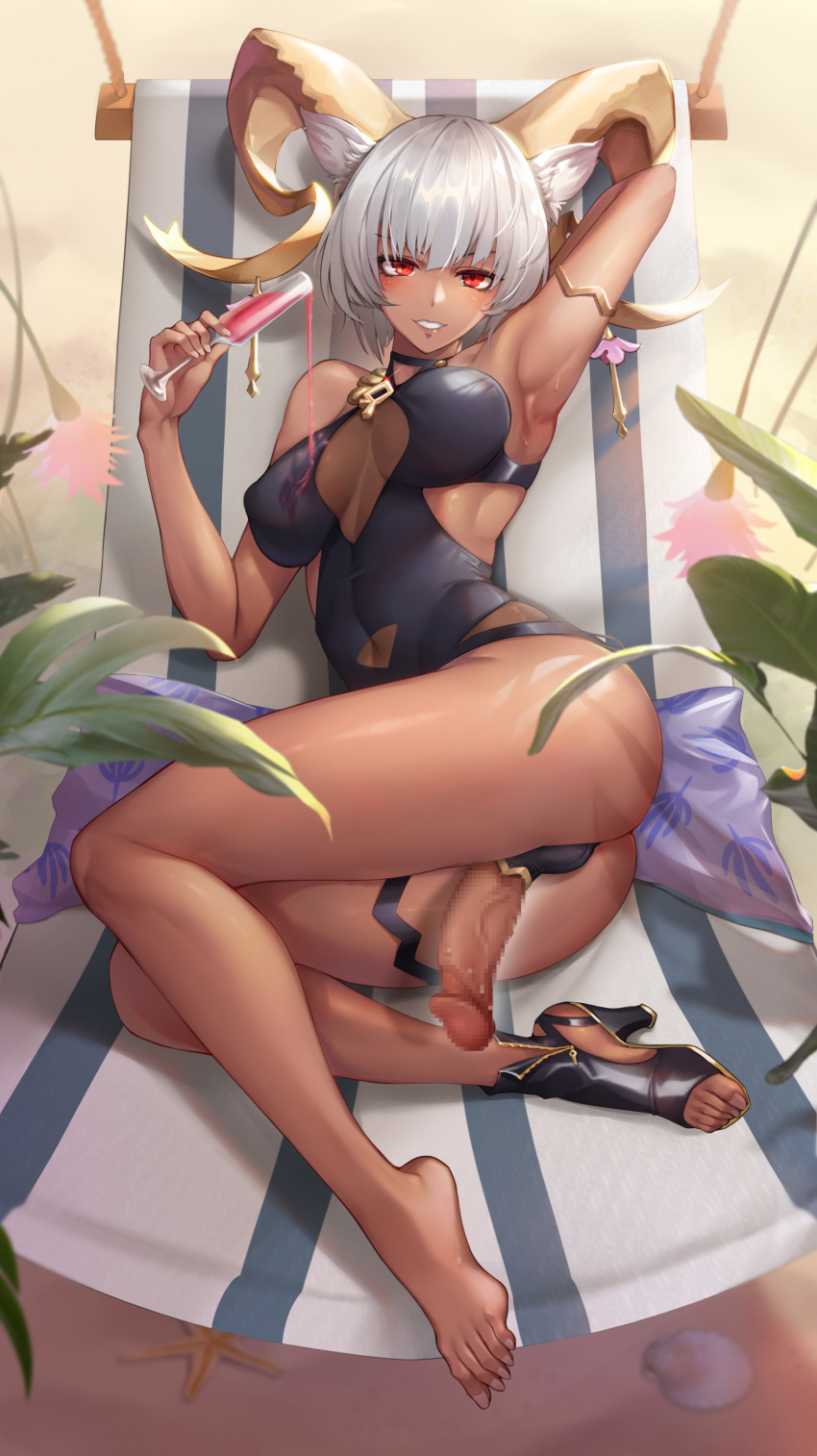 1girl :d absurdres animal_ears arknights arm_up armlet armpits ass bangs barefoot black_footwear black_swimsuit breasts breasts_apart carnelian_(arknights) carnelian_(shining_dew)_(arknights) casual_one-piece_swimsuit censored covered_navel cup dark-skinned_female dark_skin day full_body futanari gins goat_ears goat_girl goat_horns grey_hair hammock high_heels highres holding holding_cup horns large_breasts lying mosaic_censoring official_alternate_costume on_side one-piece_swimsuit outdoors parted_lips penis_outside pillow plant pouring pouring_onto_self red_eyes seashell shell shoes short_hair single_shoe smile solo starfish swimsuit thigh_strap toeless_footwear