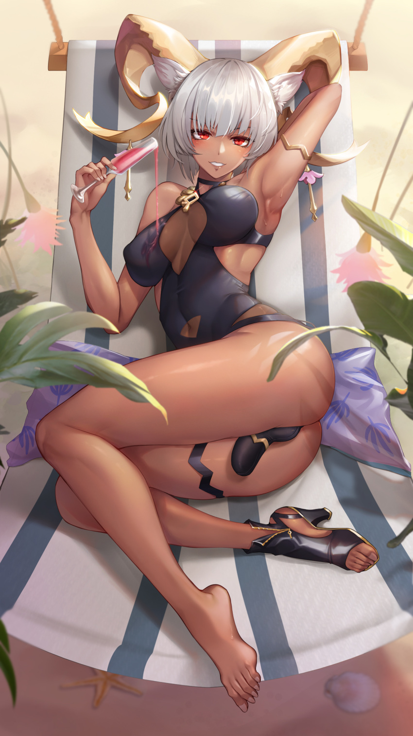 1girl :d absurdres animal_ears arknights arm_up armlet armpits ass bangs barefoot black_footwear black_swimsuit breasts breasts_apart bulge carnelian_(arknights) carnelian_(shining_dew)_(arknights) casual_one-piece_swimsuit covered_navel cup dark-skinned_female dark_skin day full_body futanari gins goat_ears goat_girl goat_horns grey_hair hammock high_heels highres holding holding_cup horns large_breasts lying official_alternate_costume on_side one-piece_swimsuit outdoors parted_lips pillow plant pouring pouring_onto_self red_eyes seashell shell shoes short_hair single_shoe smile solo starfish swimsuit thigh_strap toeless_footwear