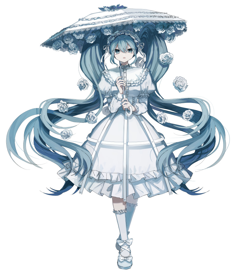 1girl absurdres bangs blue_eyes blue_hair bow commentary danjou_sora dress flower frilled_dress frilled_legwear frilled_umbrella frills hair_between_eyes hair_flower hair_ornament hatsune_miku highres holding holding_umbrella layered_sleeves long_hair long_sleeves looking_at_viewer parted_lips puffy_short_sleeves puffy_sleeves rose shoes short_over_long_sleeves short_sleeves socks solo symbol-only_commentary twintails umbrella very_long_hair vocaloid white_bow white_dress white_flower white_footwear white_rose