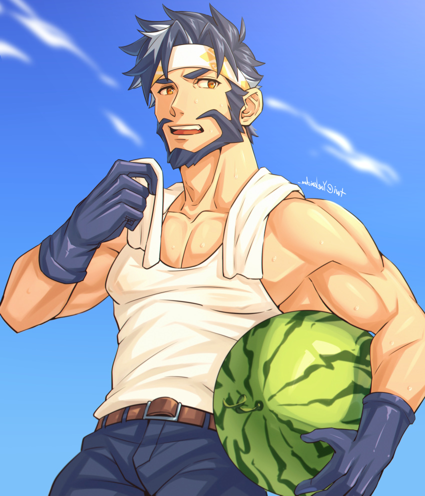 1boy absurdres bara beard belt black_hair brown_eyes denim dragalia_lost facial_hair food fruit gloves headband highres holding jeans looking_at_viewer male_focus muscular muscular_male pants pectoral_cleavage pectorals ranzal_(dragalia_lost) short_hair solo summer sweat tank_top towel towel_around_neck watermelon yaosan233