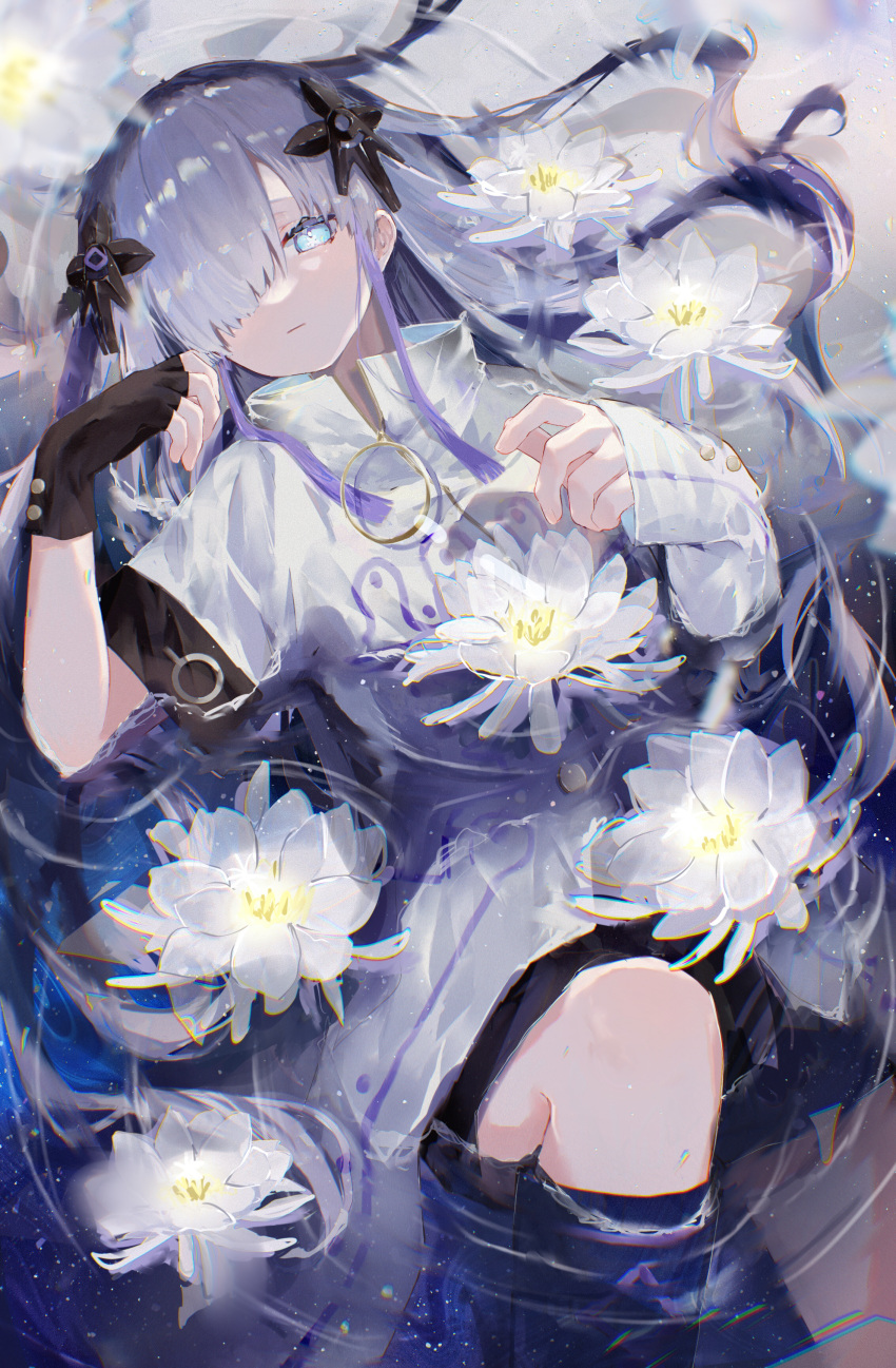 1girl absurdres asymmetrical_sleeves bright_pupils cevio expressionless fingerless_gloves flower_on_liquid gloves hair_ornament hair_over_one_eye hand_up highres light_blue_eyes long_sleeves looking_at_viewer lying on_back partially_submerged sekai_(cevio) short_sleeves solo uzuki_0420m white_hair white_pupils