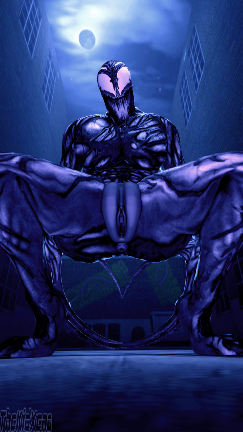 3d_(artwork) alien anus breasts butt detailed_background digital_media_(artwork) fan_character fangs featureless_breasts female genitals hi_res humanoid marvel open_mouth purple_pussy pussy solo spread_legs spreading symbiote syx_(symbiote) teeth teratophilia thekidxeno white_eyes