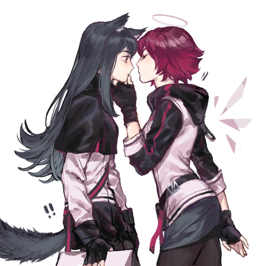 2girls 7ryryry animal_ears arknights bangs belt black_capelet black_gloves black_hair black_pantyhose blush brown_eyes capelet cowboy_shot detached_wings exusiai_(arknights) face-to-face facing_another fingerless_gloves gloves grabbing_another's_chin halo hand_on_another's_chin hand_up highres holding hood hood_down hooded_jacket imminent_kiss jacket long_hair long_sleeves looking_at_another looking_away miniskirt multiple_girls pantyhose profile red_hair short_hair simple_background skirt tail texas_(arknights) white_background white_jacket wings wolf_ears wolf_tail yuri