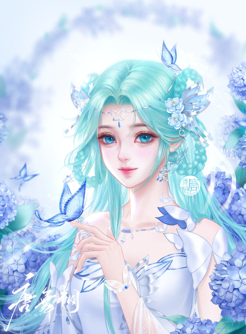 1girl absurdres blue_eyes blue_hair braid bug butterfly douluo_dalu dress flower hair_flower hair_ornament hair_rings hand_up highres index_finger_raised smile solo tang_wutong_(douluo_dalu) tang_wutong_tongren_she upper_body white_dress