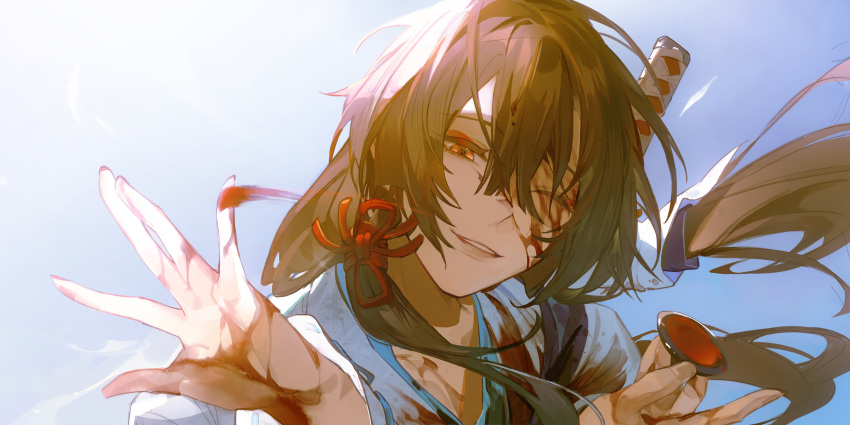 1boy absurdres androgynous applying_makeup blood blood_in_hair blood_on_clothes blood_on_face blood_on_hands blue_background blue_kimono bowl brown_hair dirty dirty_clothes dirty_face eyeliner floating_hair hair_tubes hands_up highres holding holding_bowl japanese_clothes katana kayo_(ken_ga_kimi) ken_ga_kimi kimono lipstick long_hair long_sleeves looking_at_viewer makeup male_focus one_eye_closed orange_eyes parted_lips portrait ribbon-trimmed_sleeves ribbon_trim sagihara_sakyou sidelocks smile sword weapon yipei