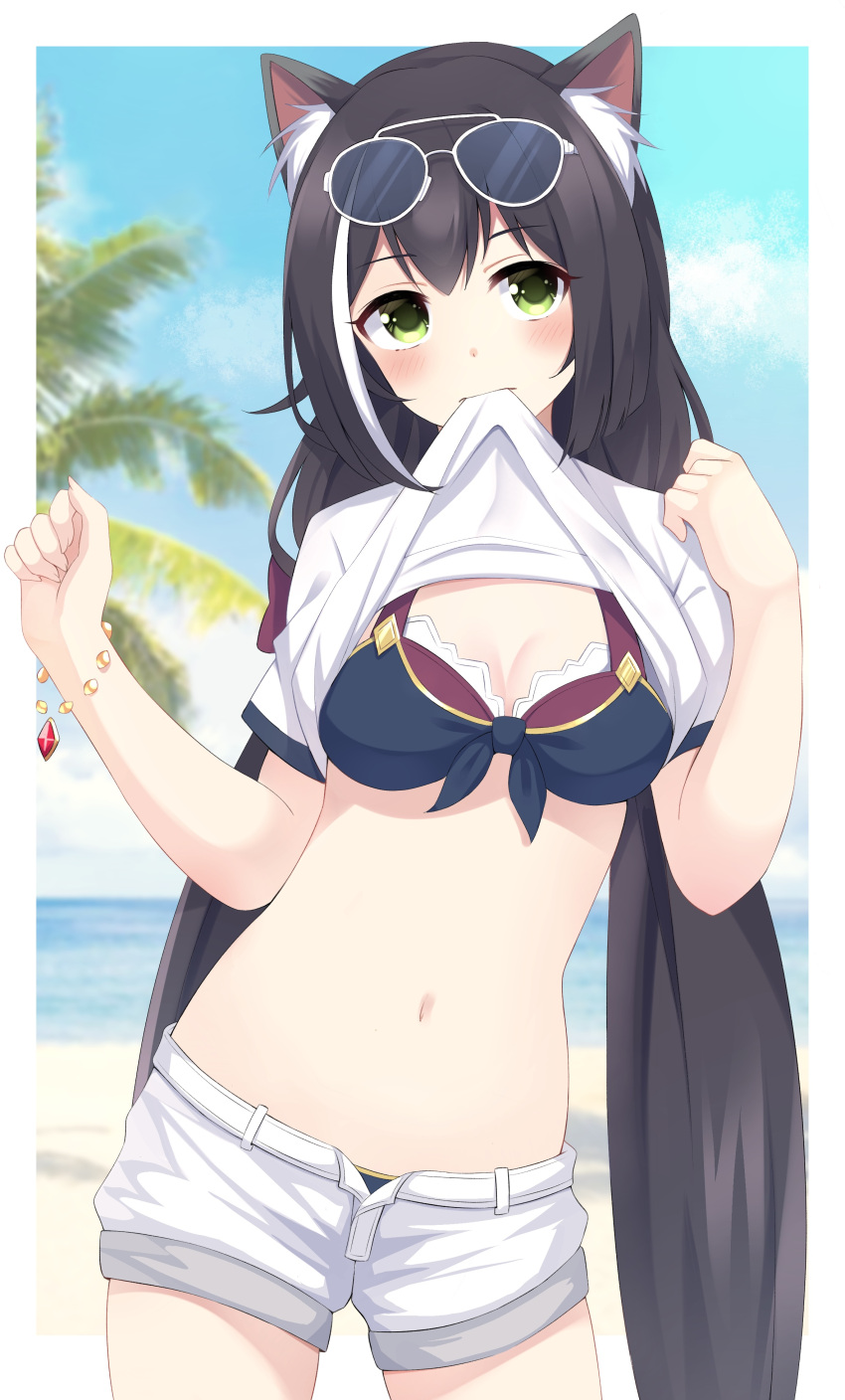 1girl absurdres animal_ears beach bead_bracelet beads bikini black_hair blush bracelet breasts cat_ears cat_girl clothes_lift day decision5021 eyewear_on_head front-tie_bikini front-tie_top green_eyes highres jewelry karyl_(princess_connect!) long_hair looking_at_viewer low_twintails mouth_hold multicolored_hair navel outdoors princess_connect! shirt_lift shorts small_breasts solo streaked_hair sunglasses swimsuit twintails very_long_hair white_hair white_shorts
