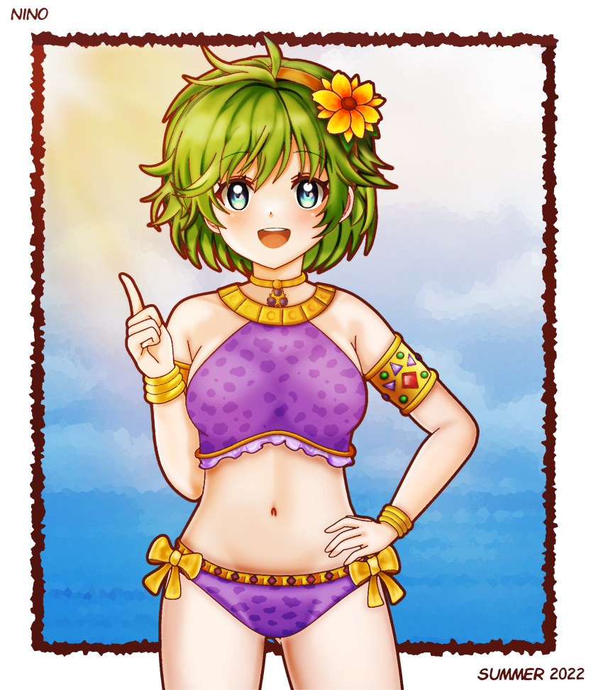 1girl absurdres bikini blue_eyes blush dinjo fire_emblem fire_emblem:_the_blazing_blade fire_emblem_heroes green_hair highres index_finger_raised looking_at_viewer nino_(fire_emblem) open_mouth purple_bikini short_hair solo swimsuit