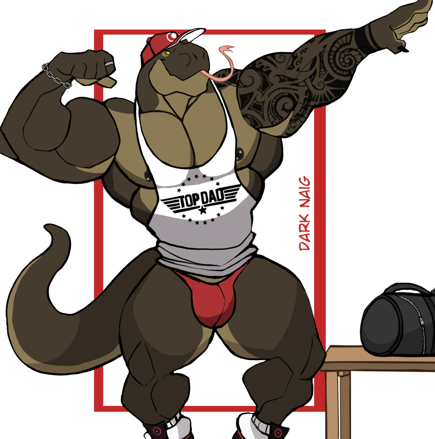 2022 absurd_res anthro artist_name bag barazoku baseball_cap bench biceps big_muscles border bracelet bulge chain clothed clothing darknaigart english_text flexing footwear forked_tongue front_view gym_bag hat headgear headwear hi_res huge_muscles jewelry komodo_dragon lizard long_tongue looking_at_viewer male monitor_lizard muscular muscular_anthro muscular_male nipple_piercing nipples non-mammal_nipples obliques pecs piercing red_border reptile ring_(jewelry) scalie shirt shoes simple_background smile solo standing tank_top tattoo text text_on_clothing text_on_shirt text_on_tank_top text_on_topwear thick_thighs thong tongue tongue_out top_gun topwear underwear white_background